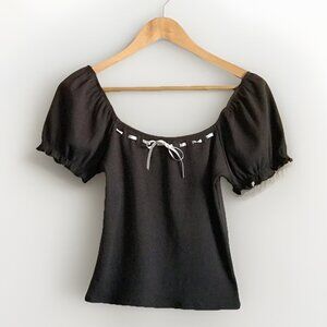 Frankee & Skylarr Brown Ribbed‎ Bow Top Women’s Size Large Puff Short Sleeves